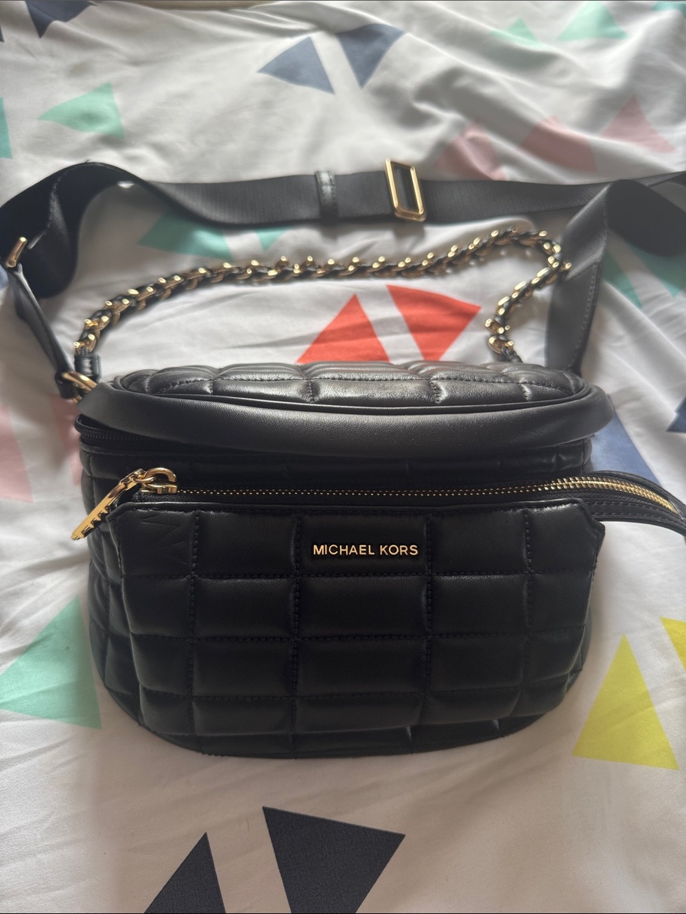 Michael Kors Black Quilted Leather Crossbody Belt Bag with Gold Chain